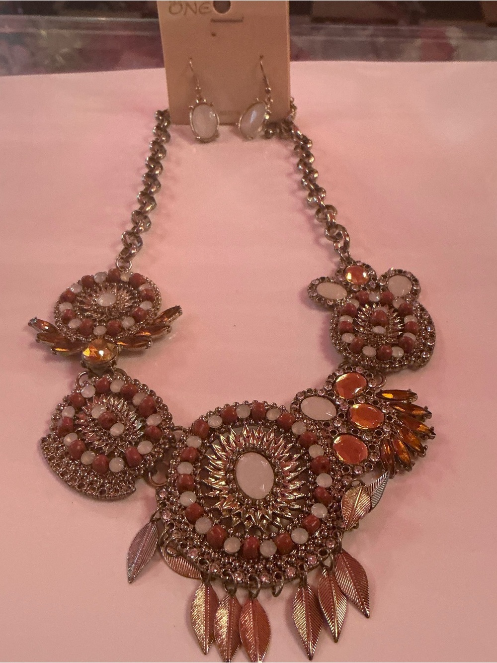 Pink and Gold Boho Floral Statement Necklace with Matching Earrings